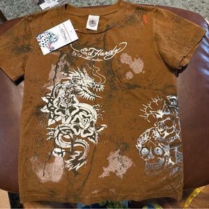 Ed Hardy Kids T-Shirt size 5/6 NWT dragon and skulls brown silver new